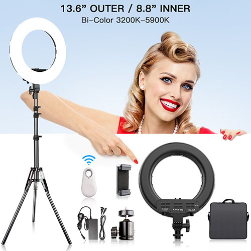 LED Ring Light with Stand, FOSITAN 13.6 inch Outer Dimmable YouTube Light 3200K-5900K Bi-Color Halo Light Ring with Phone Holder for Phone and Camera, Circle Ring Light for Makeup Video Filming Salon