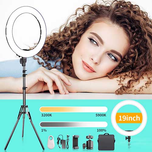 Ring Light, FOSITAN 19 inch Out/14 inch Inner Ring Light with Stand for Camera and phone 3200K-5900K 60W 512 LED Bi-Color Brightness Dimmable Halo Light Circle Light for Make-up YouTube Video Shooting