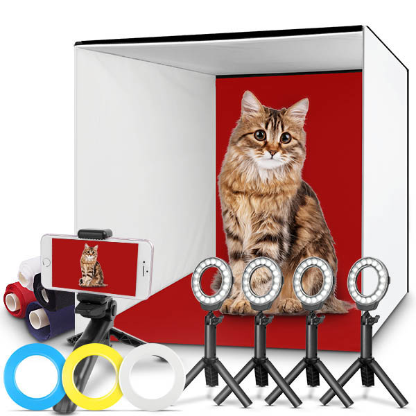 Photo Studio Box, FOSITAN 24x24 inches Table Top Photo Light Box Continous Lighting Kit with 5 Tripods, 4 LED Ring Lights, 4 Color Backdrops & a Cell Phone Holder for Photography