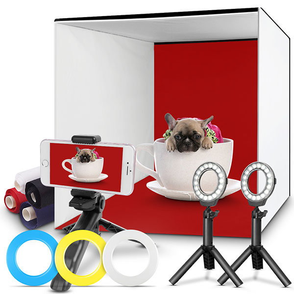 Photo Studio Box, FOSITAN 16x16 inch Table Top Photo Light Box Continuous Lighting Kit with 3 Tripods, 2 LED Ring Lights, 4 Color Backdrops & a Cell Phone Holder for Photography